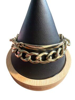 Chunky Gold Tone Cuban Chain Link Bracelet ID Bar Double Strand Adj. 8.5"